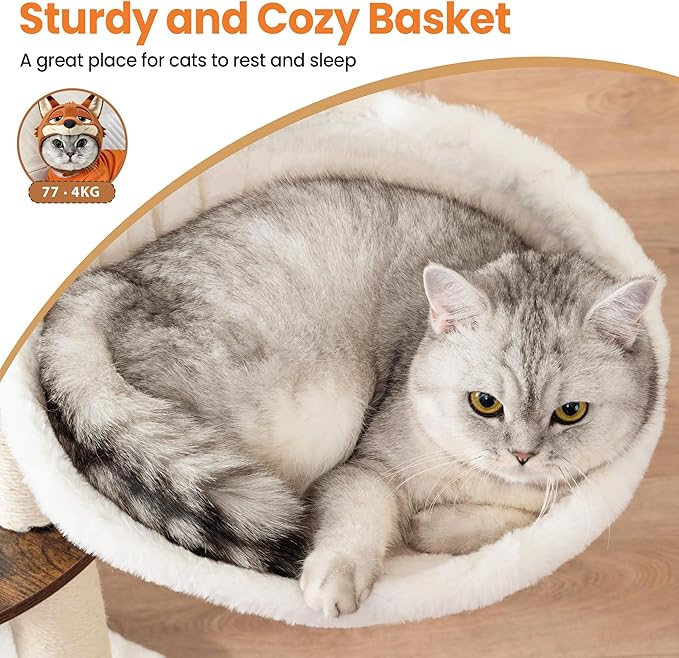 Modern Wood Cat Tree Tower for Indoor Large Cats, Cat Scratching Posts with Big Perch Bed, 44.8" Tall Multi-Level Wooden Cat Condo with Hammock, Removable Pads, Kitty Furniture, Greigy