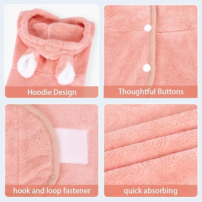 Pet Bathrobe Towel Dog Cat Drying Coat Super Absorbent Cute Dogs Bath Towel Hooded Robe Adjustable Collar & Belly Strap for XSmall to XLarge Pets (Coralpink, X-Small)