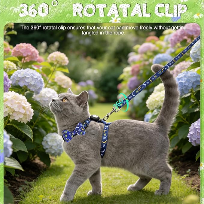 EXPAWLORER Cat Harness and Leash Set with AirTag Holder, Escape Proof Safe Lightweight Adjustable Soft Kitten Harness Set with Bowknot for Small Medium Large Cat Walking Travel Outdoor, Star-Moon