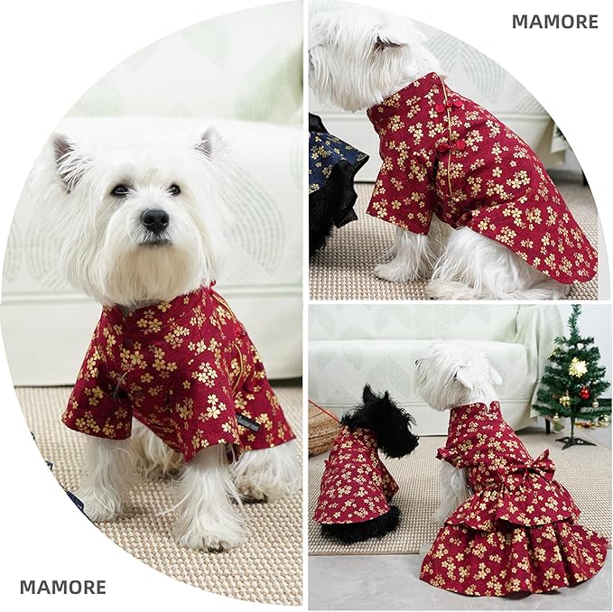 MAMORE Dog Shirts Dress, Elegant Embroidery Couple Dog Clothes for Girl Boy Small Medium Dogs Puppy Cats Set (Red Shirt, Large)