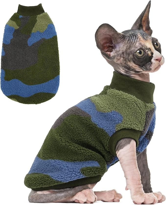 PUMYPOREITY Winter Warm Cat Sweater - Super Soft & Elastic Knit with Plush Fleece, Easy-On Design with Ribbed Neck & Cuffs, Stretchy Cat Outfit for Indoor/Outdoor Use,Green, L