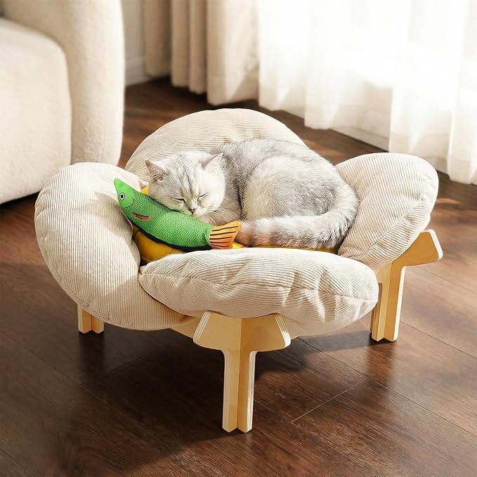 Elevated Flower Cat Bed with Thickened Soft Cushions, Aesthetic Raised Cat Chair for Indoor Cats, Wooden Cats Furniture with Toy, 39lbs Capacity (Beige Petal & Yellow Center)