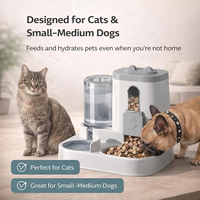 Automatic Dog Cat Feeder – 2-in-1 Cat Food and Water Bowl Set & Dog Food and Water Bowl Set, 800ml + 2.2L Gray