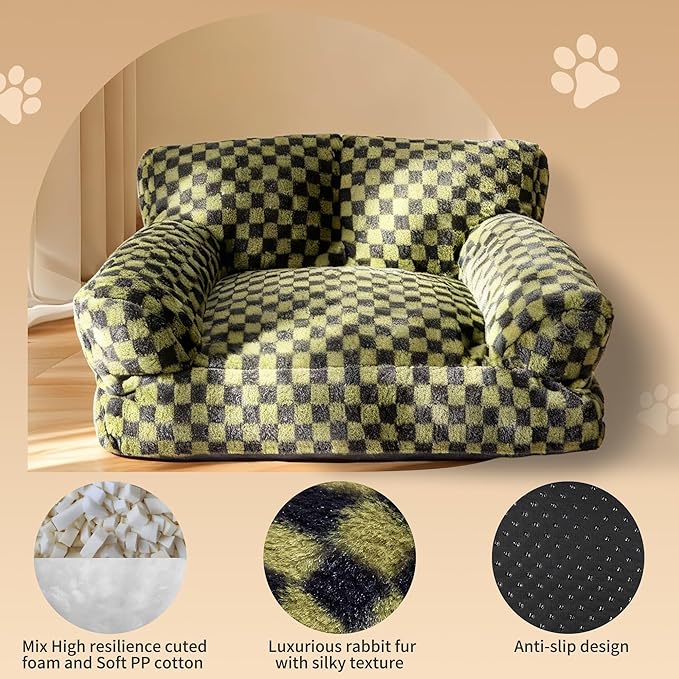 Faux Fur Cat & Dog Sofa Cat Couch Mini Cat Bed Indoor Human Style Pet Sofa, Modern Pet Furniture for Cats, Washable ＆ Removable Cover, for Cats and Small Medium Dogs (Black/Green, Medium(24X19 inch))