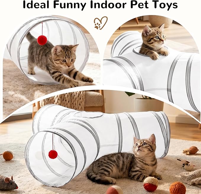 Tempcore Cat Tunnel for Indoor Cats, 3-Way Collapsible Play Tunnel with Teaser Wand, Peek Holes & Toy Ball, Small Pet Toy for Kittens & Rabbits, White & Light Grey