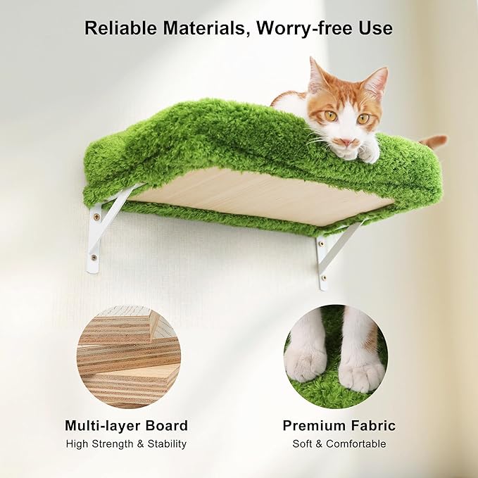 FUKUMARU Cat Wall Shelves, Stable & Safe 5 in 1 Cat Walls Furniture Set, Wooden Kitten Climbing Wall with Scratching Post for 16 Inch Drywall - Green