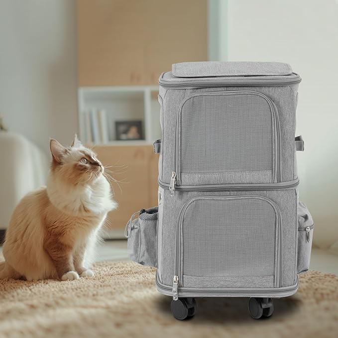 Double-Compartment Pet Carrier Backpack with Wheels for Small Cats and Dogs, Cat Rolling Carrier for 2 Cats, Perfect for Traveling/Taking a Walk/Trips to The Vet,for Up to 22 LBS (Grey)
