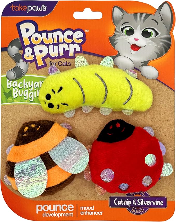 Pounce & Purr® Plush Cat Toys, Catnip & Silvervine Infused, Shiny Iridescent Accents, Interactive Play Toys for Cats & Kittens (Backyard Buggin' Series)