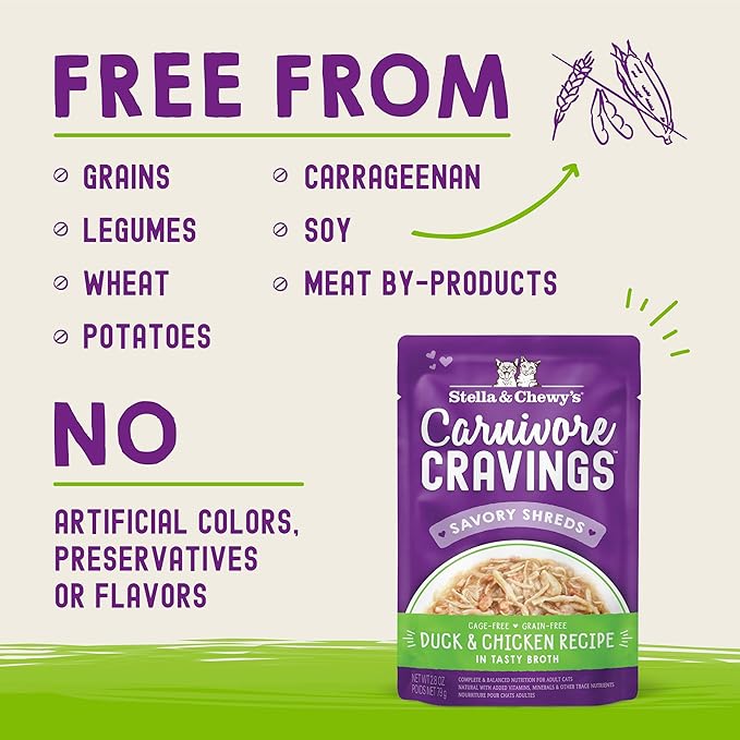 Stella & Chewy's Carnivore Cravings Wet Cat Food - Premium Pouches - Grain Free, High Protein Duck & Chicken - Perfect for Picky Eaters - Complete Meal or Topper (2.8 oz, 12 Pack)