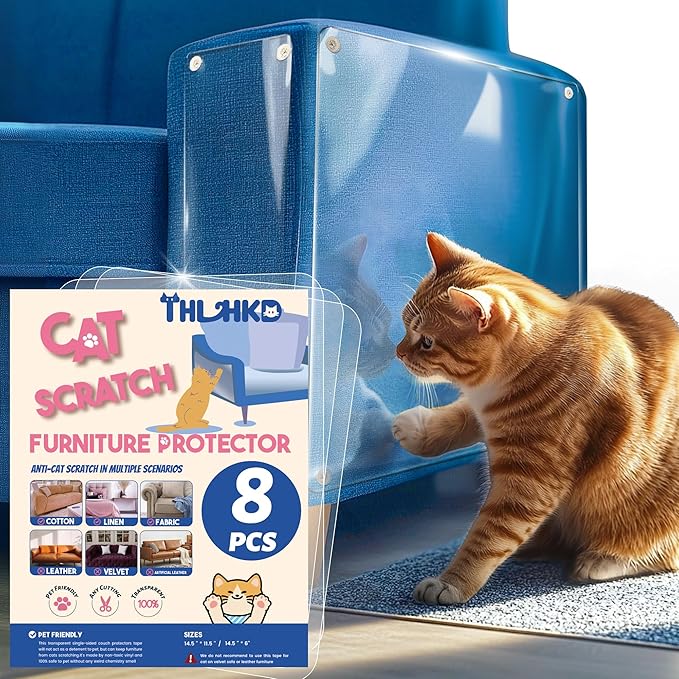 THLHKD Cat Scratch Furniture Protector: 8 Pcs Couch Protectors Tape from Cats Claws Scratching Single Sided Clear Sticky Sheets Proof Clawing Sofa Corner Protection Cover Anti Scratch for Furniture