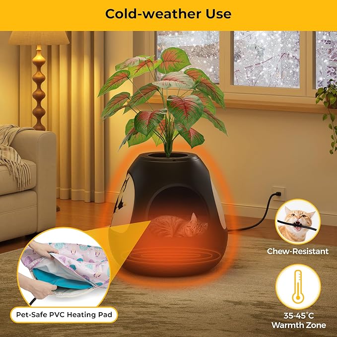 Copod8 Cat Bed Cave for Indoor Cats 4-in-1 Kitten House Cat Bed with Replaceable Scratching Board, Heating Pad, Air Purifier and Artificial Plant for Cats Rabbits Guinea Pigs Small Dogs (Black)