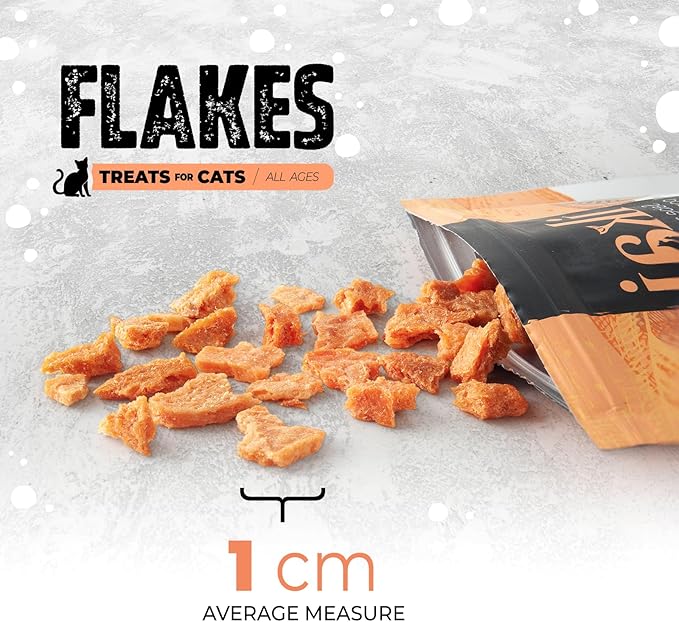 IKAI - 100% Natural Flakes Cat Treats - Single Ingredient: Patagonian Salmon from Chile, Hypoallergenic, with Omega 3 & 6 for Healthy Skin & Glossy Coat, Dehydrated, Grain-Free - 1.41 Oz (1)