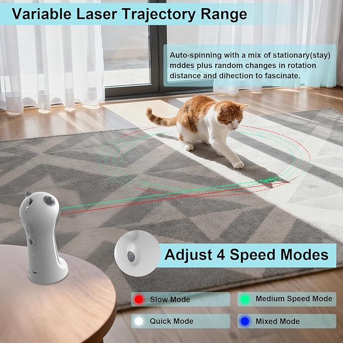 Waputne Motion-Activated Automatic Cat Toy, Unique Double Light Green&Red, 4 Speed Modes,Rechargeable Interactive Cat Toy for Indoor Cats（Red Dot+ Green Butterfly）