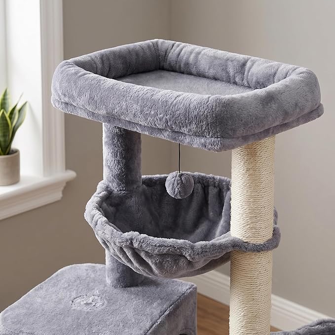HUITREE 45in Cat Tree Tower with Big Condo for Indoor Cats,Cat Tower with Scratching Post,Scratching Board and Cat Toys,Multi-Level,Small Space,Transformer Cat Tree (Grey+)