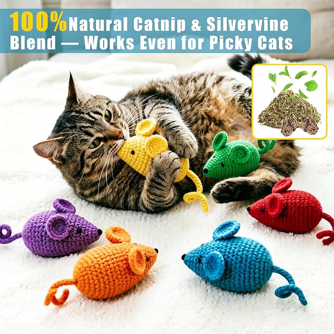 Retro Shaw Catnip Toys Crochet Mouse 6 Pcs - 100% Natural Catnip & Silvervine Blend Yarn Cat Nip Mice, Durable Hand-Knitted Teething Chew Toy for Indoor Cats & Kittens, Interactive Play & Dental Care