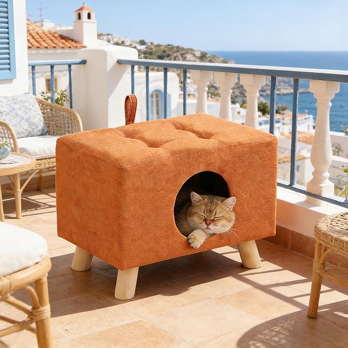 2-in-1 Cat Bed Stool, Semi-Enclosed Cat Cave Pet Bed for Indoor Cats & Small Dogs, Sturdy Wooden Legs, All-Season Cat House with 7.1” Entrance, Warm Winter Cat Furniture (Grey)