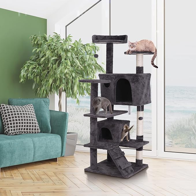 53 Inches Multi-Level Cat Tree Furniture Kitten Activity Play House Bed Pet Kitty Climbing Tower with Scratching Posts/Plush Perch/Scratcher Ladder/Tunnel for Cats,Kittens,Pets (Grey)