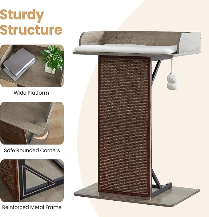 Modern Wood Cat Tree Tower for Indoor Large Cats, 33.8-Inch Tall Wooden Cat Trees with Big Perch Bed, Cat Scratching Pads, Washable Removable Cushions Scratching Mat, Cat Furniture, Greigy