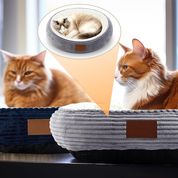 2 Pack Cat Beds for Indoor Cats 20 Inches Washable Round Donut Pet Bed Cushion Self Warming for Cats, Small Dogs, Puppy, and Kitten (Gray, Dark Blue)