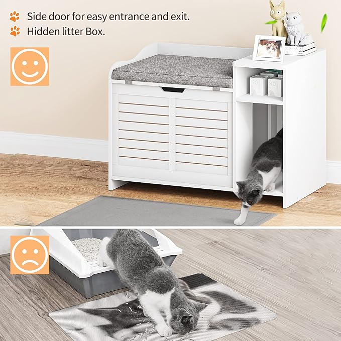 TROPOW Cat Litter Box Enclosure Furniture with Top Opening and Cushion, Hidden Litter Box Cabinet with Storage, Privacy Cat Box Enclosure, White
