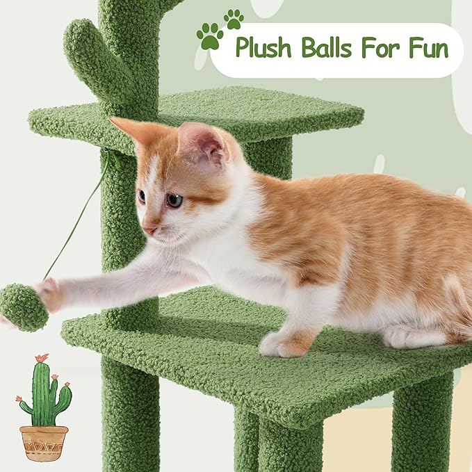 HOMBYS Cautus Cat Stairs for Old Cats & Dogs, Pet Steps for High Beds, Couch & Window,Vertical Cautus Green Cat Tree with Dangling Balls for Indoor Pets Climbing Playing, Holds Up to 150 Lbs,
