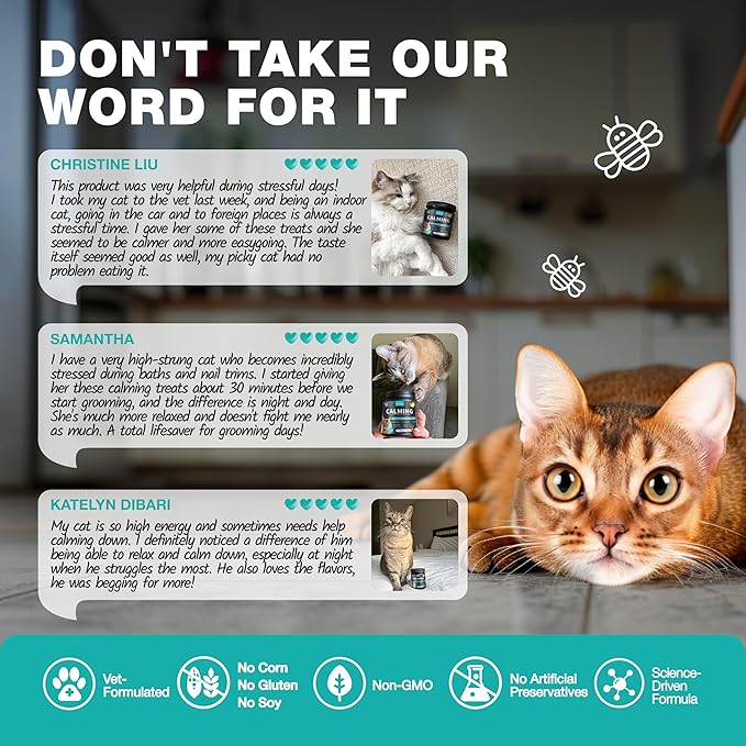 Cat Calming Treats - 500 Crunchy Calming Cat Treats with Melatonin for Cats Valerian Root L-Theanine Taurine & Probiotics - Cat Vitamins and Supplements for Stress Anxiety Relief All Breeds
