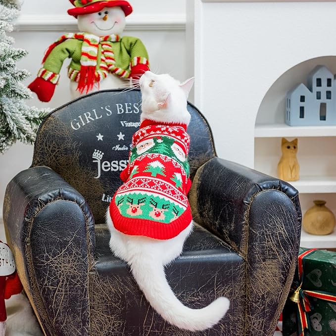 EXPAWLORER Cat Christmas Sweater - Stylish Knitted Christmas Pet Outfit, Soft Clothes for Cats Only, Knitwear Xmas Sweater with Sleeve Warm Apparel, Kitten Clothes for All Cats, Medium