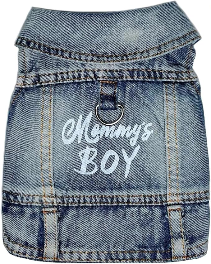 Dog Jeans Jacket Mommy's Boy Denim,Breathable Cotton Blue Pet Coat for Puppy Small Dogs Classic Overalls Male Cat Costumes Apparel Washed Vest Clothes Outfit T-Shirts（Large）
