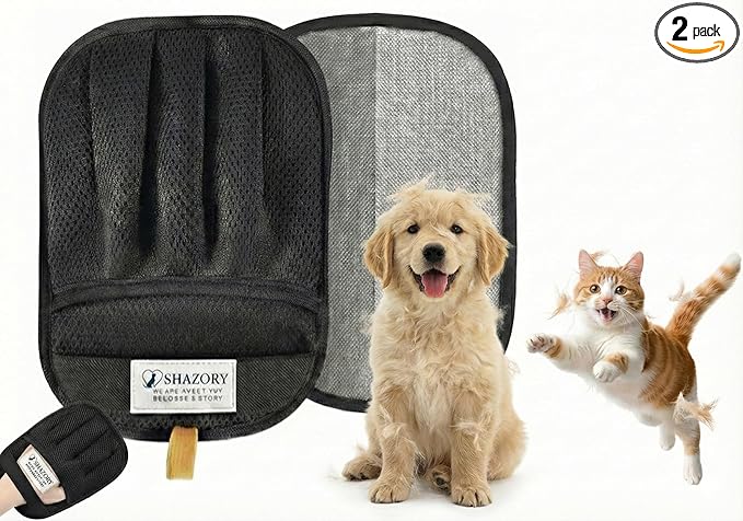 SHAZORY 2PCS Pet Hair Removal Glove for Cats and Dogs - Electrostatic Pet Hair Remover Glove | Reusable Brush Pet Hair Remover for Couch, Carpet, Car Seat & Laundry