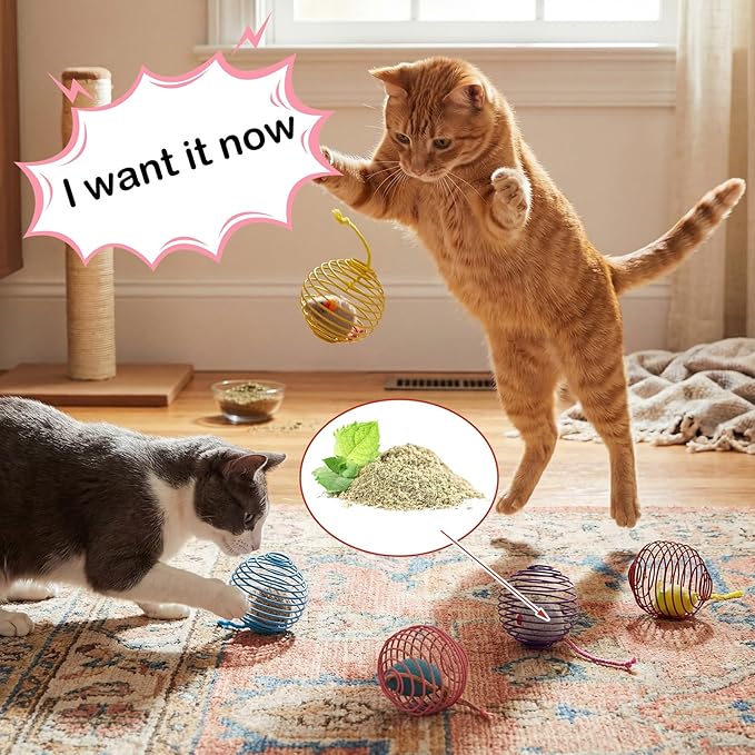 Jecery 5 Pcs Cat Spring Toys Stretchable Rolling Balls Colorful Playful Coils Interactive Action Toy Caged Rats for Kitten Pet Supplies (Catnip Rats,Soft Color)