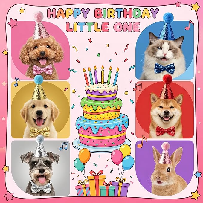 10 Pcs 5 Colors Dog Birthday Hat and Bow Tie Set-Sequin Mini Party Hats for Stuffed Animals, Cats, Puppies, Rabbits - Adjustable Sequin Pet Birthday Hats & Bowties Grooming Costume Accessories
