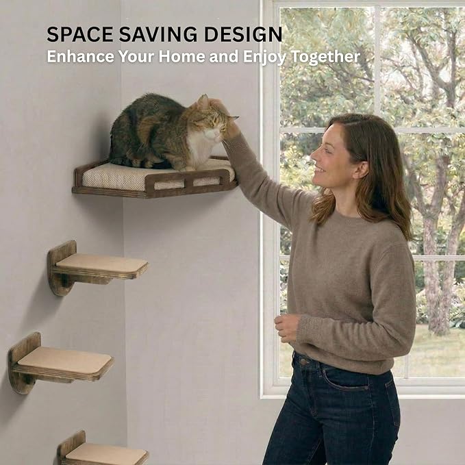 INICIO Cat Wall Shelves - Safe and Sturdy Cat Wall Furniture - Stylish Natural Wood Corner Shelf with 3 Steps for Cats up to 15lbs - Cushioned Perch and Stairs for Climbing and Playing - Dark Brown