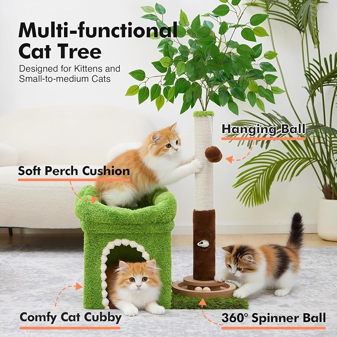 Woochpet Small Cat Tree with Scratching Post and Ball Track, Green Cat Tower with Lifelike Leaves for Kittens and Small Cats, 2-Door Cat Condo and Interactive Cat Toys for Indoor Cats