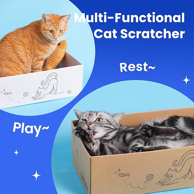 5-Pack Double-Sided Cat Scratchers with Box & Fish Toy - Reversible Cat Scratch Pad for Indoor Cats, Durable Corrugated Cardboard Cat Scratcher for Cats to Rest and Play, Furniture Protector