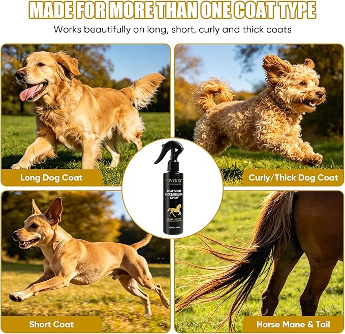 Dog Detangler Spray for Dogs & Horses, 6.76 Oz Mane and Tail Leave-in Conditioner for Long Coats, Helps Loosen Knots, Tangles & Mats, Smooths Frizz, Adds Shine, Fruit Scent