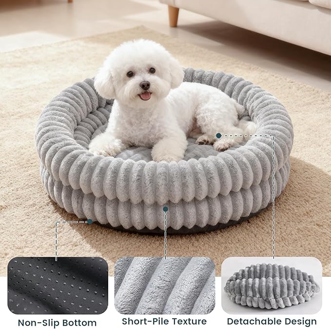 Cat Beds for Indoor Cats, Machine Washable Orthopedic Donut Dog Bed for Small Dogs, Fluffy Round Pet Bed with Anti-Slip Bottom for Puppy and Kitten, Gray, 20"x20"x6.5"