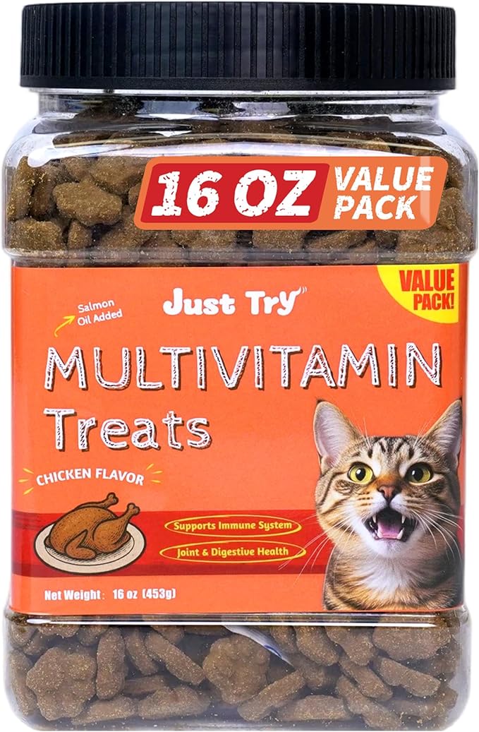 Just Try Cat Multivitamin Treats - Taurine for Cats L-Lysine Cat Treats, Cat Vitamins Crunchy Cat Treats for Overall Vitality, Chicken Flavor, Training Treats 16 oz