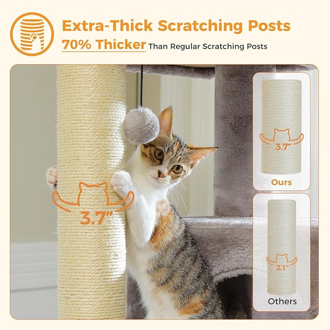 MUTTROS Large Cat Tree for Indoor Cats Large Adult, 57.8" Heavy Duty Cat Tower with Reinforced Scratching Posts (φ3.2in) and Plush Larger Hammock for Maine Coon & Big Cats, Supports 30lbs, Grey