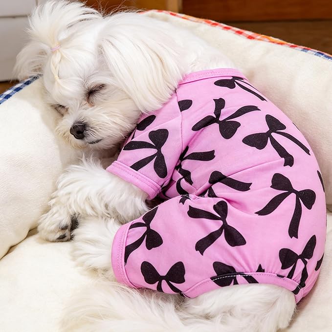 Dog Pajamas Summer Cute Print Puppy Jumpsuit Thin Dog Onesie Small Dog Clothes with Comfy & Elastic Frbic Puppy Pjs(Violet Bowknot, X-Small)
