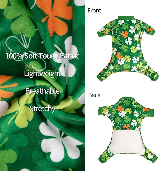 CuteBone Clover St.Patrick's Day Small Dog Pajamas Soft Puppy Pjs Fleece Stretchy Onesie Cat Clothes for Daily Wear P275XS