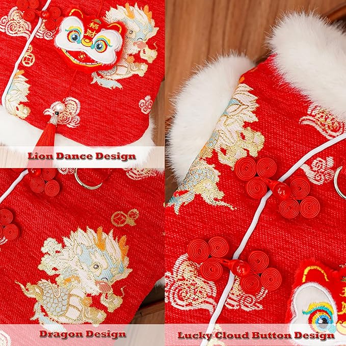 SEIS New Year Pet Winter Coat, Thicken Dog Lion Dance Clothes, Warm Cat Tassel Apparel for Cats Small and Medium Dogs (L (Chest Girth 19.7"))