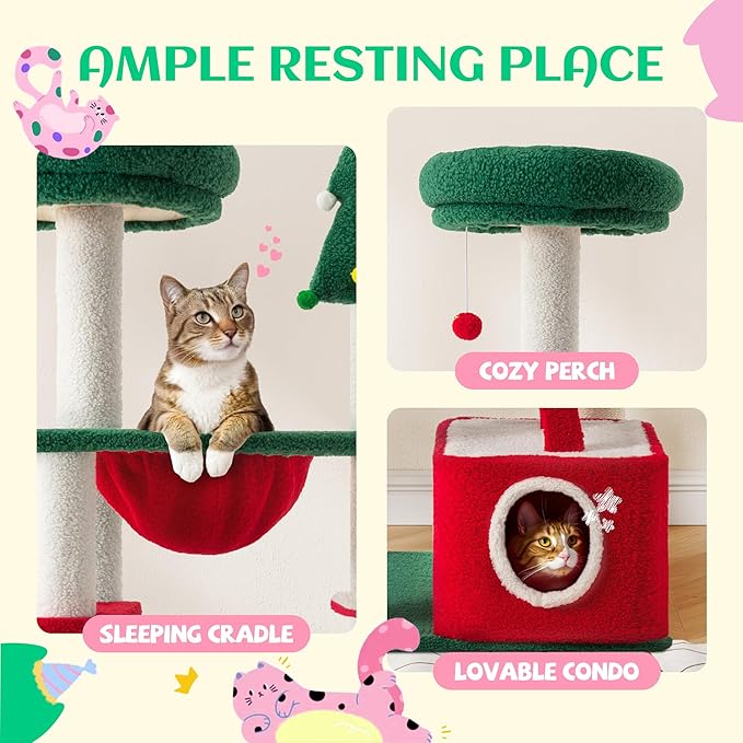 SHA CERLIN 67in Tall Cat Tree/Climbing Tower with Top Perch, Hammock, Sisal Scratching Posts/Cute Condo for Indoor Kitties/Pet Feline House/Activity Center/Christmas Decor/Green & Red