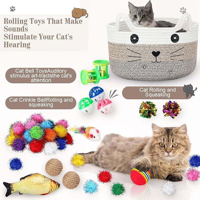 Zopeal 76 Pcs Graduation Cat Storage Basket Gift Toys Set Interactive Cat Toys Kitten Wand Colorful Flashing Balls Pet Crinkle Balls Attract Kitten to Swat, Hunt for Pet Indoor(Brown)