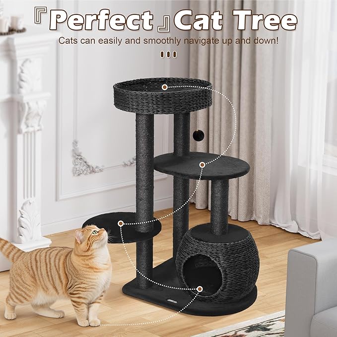 NUNU Modern Cat Tree, Modern Cat Trees Tower, Wooden Cat Tree for Large Cats, 39" Cat Tower for Indoor Cats, Hand-Woven Condo & Top Perch, for Kittens Climb, Play & Rest