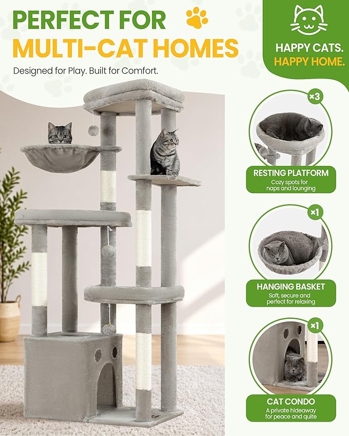 Cat Tree Tower for Indoor Cats, 67 inch Multi-Level Tall Climbing Tower with 3 Large Platform, Scratching Post, Hammock, Kitty Condo for Multiple Cats, Modern Cat Tree Furniture Heavy Duty, Light Grey