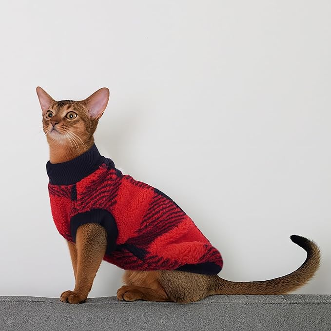 PUMYPOREITY Christmas Sweater for Cats, Cozy Fleece Cat Shirt - Stretchy & Warm, Super Soft Kitten Sweater, Machine Washable Pet Clothing for Comfort & Style, Red, XS
