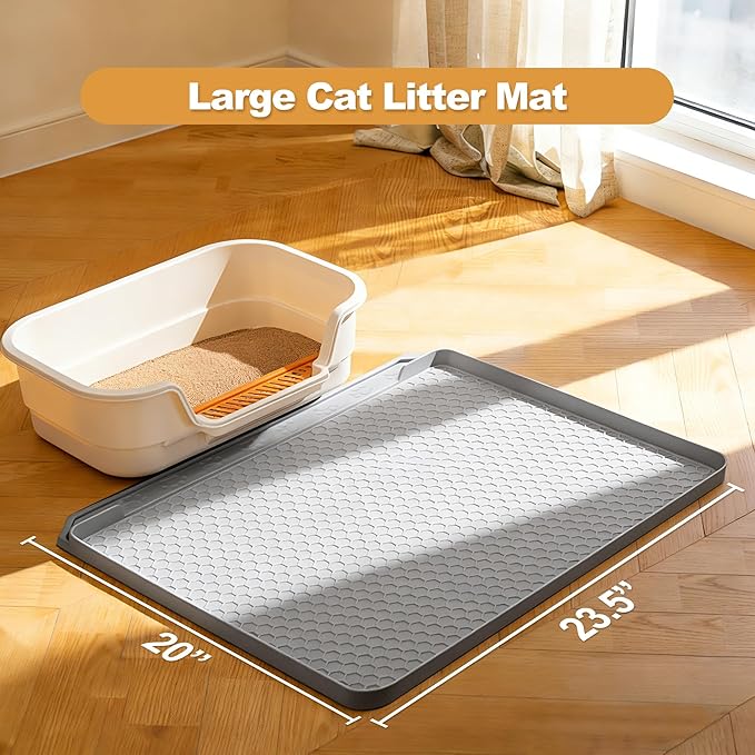 Cat Litter Mat, 24''x20'' Waterproof Silicone Litter Trapping Mat for Litter Box, Soft on Kitty Paws Non-Slip & Easy to Clean (Light Grey)