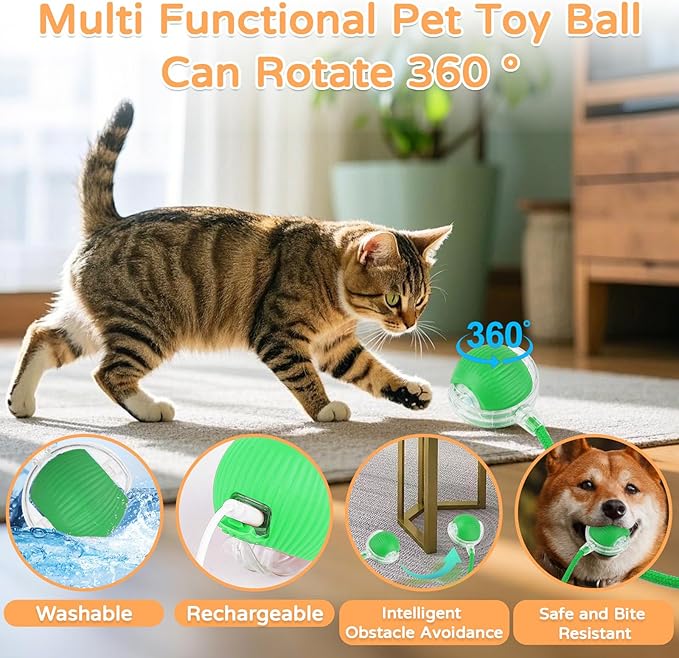 Goosheep 2025 New 1Pack Cat Ball Kitten Toys for Indoor Interactive Kitty Ball Toy Speedy Tail 360° Automatic Rolling for Dog, Cat(Green)