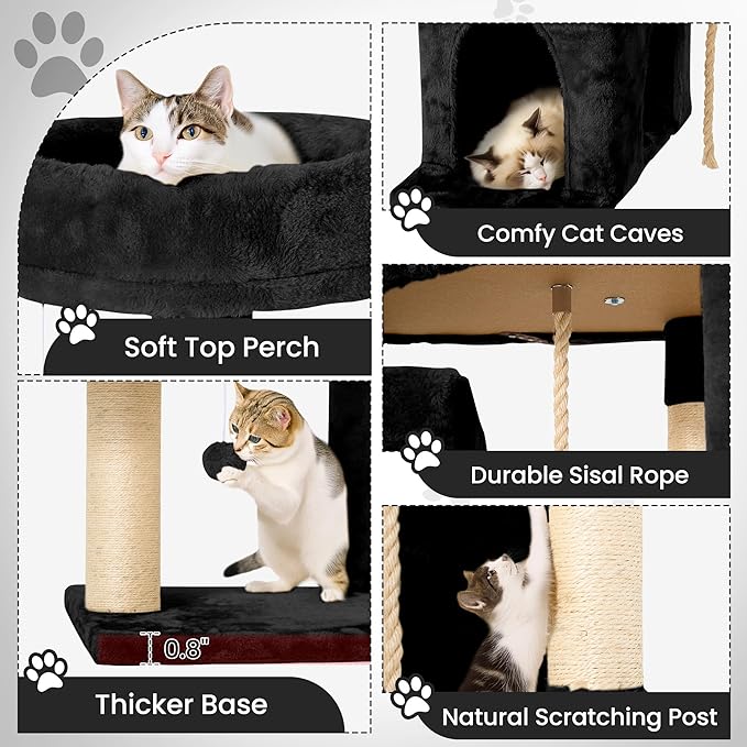 58.5inch Large Cat Tree Tower Condo for Indoor Cats, Soft Plush Multi-Level Climbing Tree Cat House with Cat Cave, Scratching Post, More Entrance/Exit, Sisal Rope, Night Black