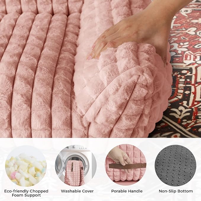 Cat Bed for Indoor Cats - Cute Pink Cat Couch Beds, Fluffy Pet Couch with Faux Rabbit Fur Washable Cover, Fuzzy Pet Sofa in 3D Diamond Pattern, 24inch